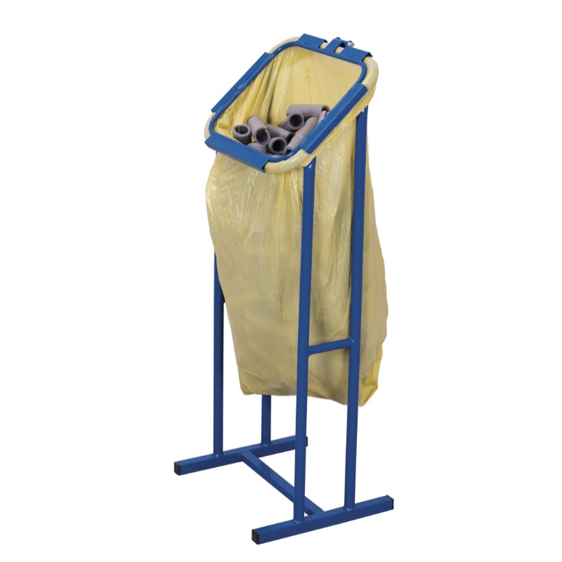 Afvalzakhouder voor magazijnen in het blauw met een zak erin