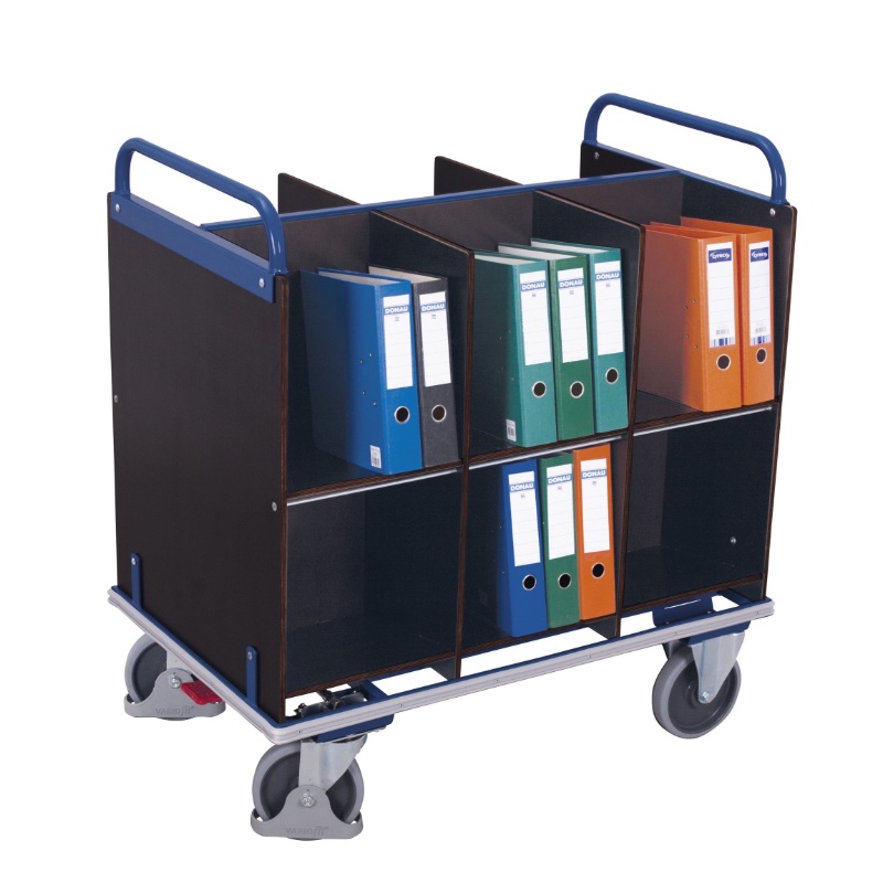 Archiefwagen met 12 vakken voor in een magazijn. Geladen met ordners en in de kleur blauw