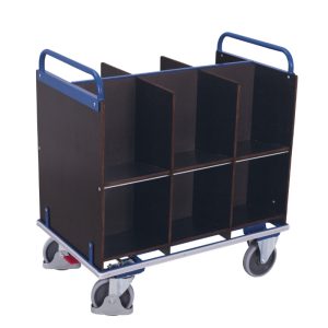 Archiefwagen met 12 vakken voor in een magazijn. De kleur is blauw