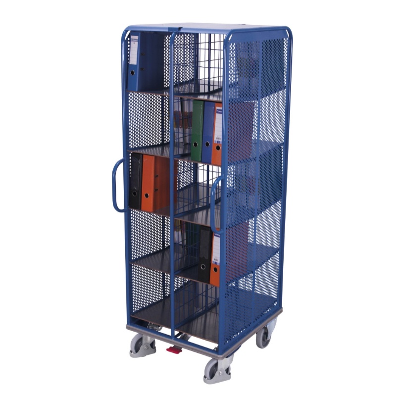 Archiefwagen met 20 vakken voor in het magazijn. In de kleur blauw en met ordners als lading