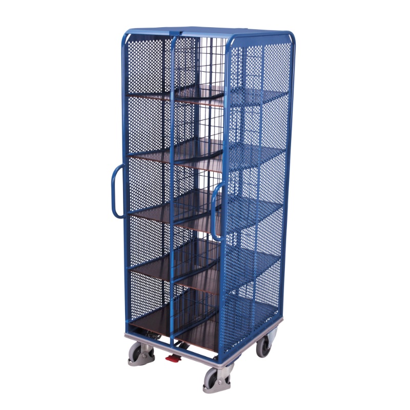 Archiefwagen met 20 vakken voor in het magazijn. In de kleur blauw