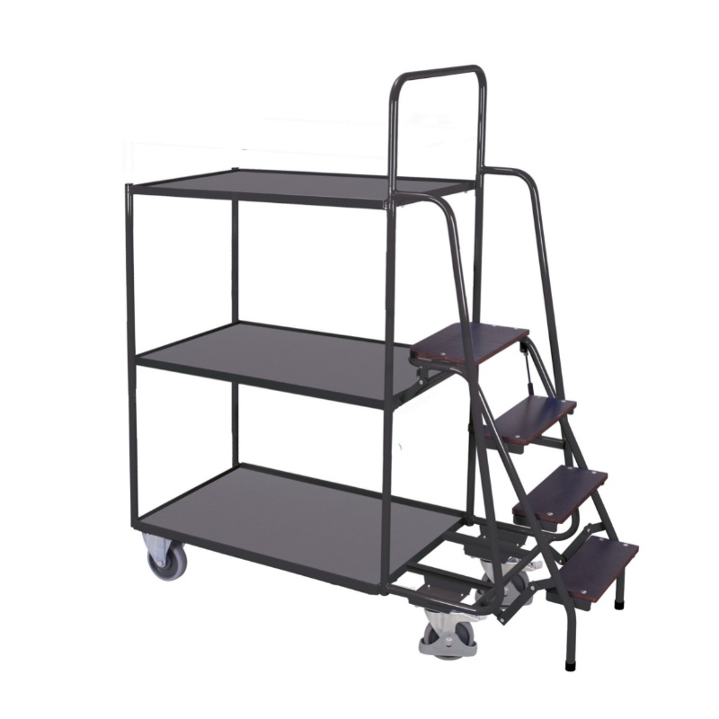 Orderpickwagen hoog met 3 etages voor in een magazijn. Voorzien van een trap en in de kleur antraciet