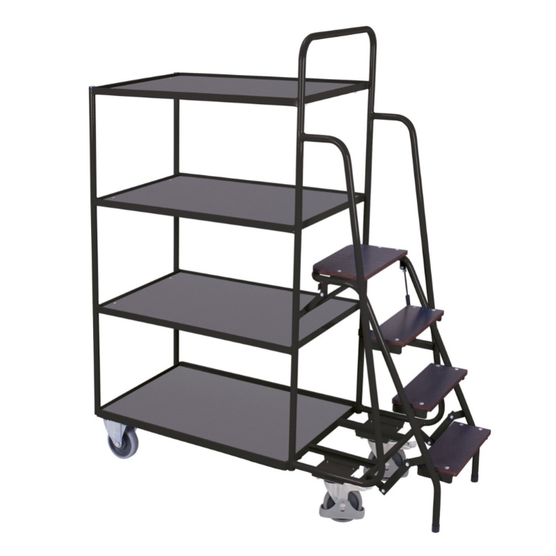 Orderpickwagen hoog met 4 etages voor in een magazijn. Voorzien van een trap en in de kleur antraciet