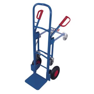 Stalen steekwagen met wegklapbare steunwielen in het blauw met luchtbanden