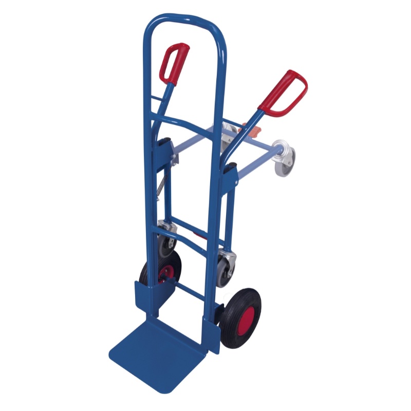 Stalen steekwagen met wegklapbare steunwielen in het blauw met luchtbanden