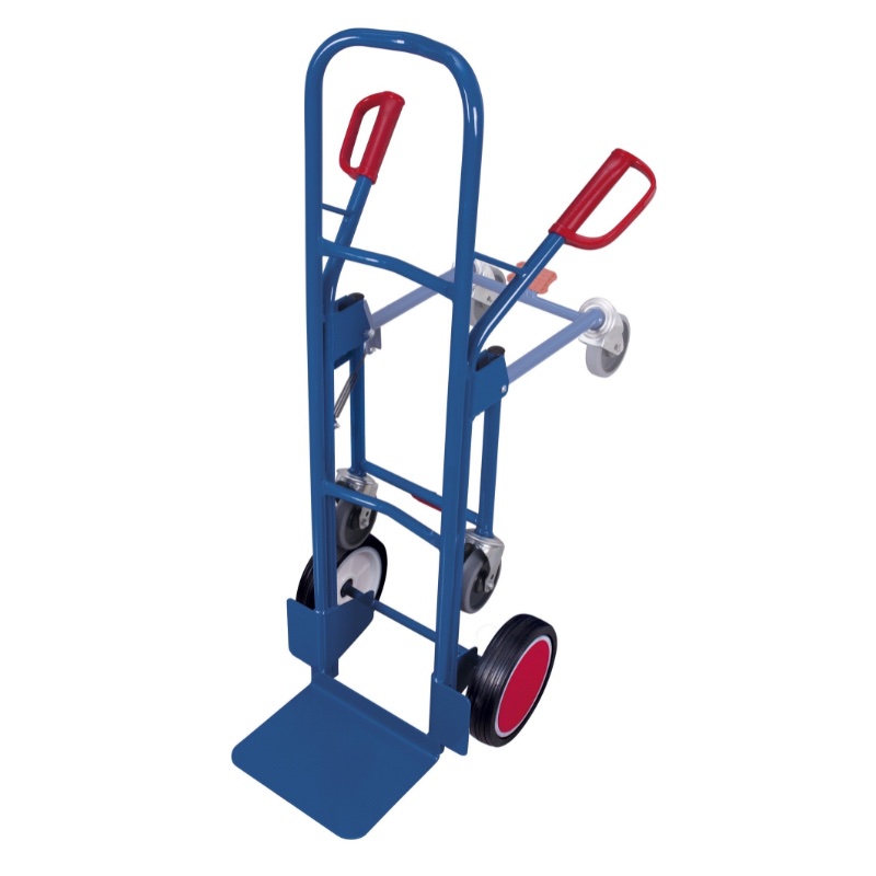 Stalen steekwagen met wegklapbare steunwielen in het blauw met massieve wielen