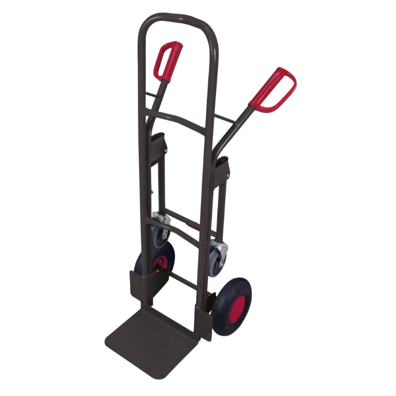 Stalen steekwagen met wegklapbare steunwielen in het antraciet met luchtbanden